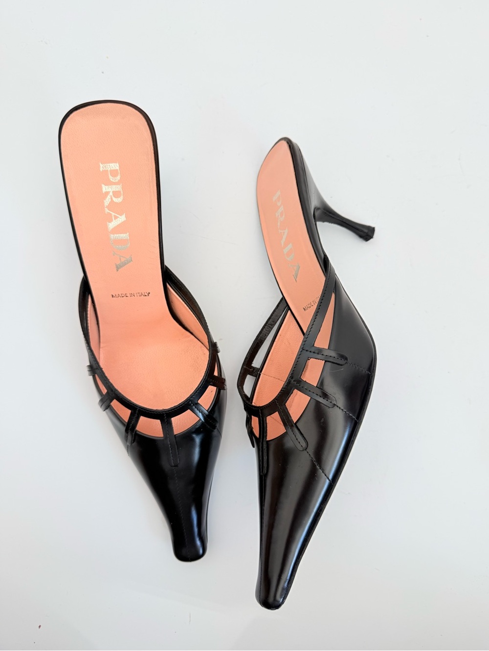 Prada Archival 1R0035 Black Spazzolato Cage Pointed Mule Kitten Heels 38